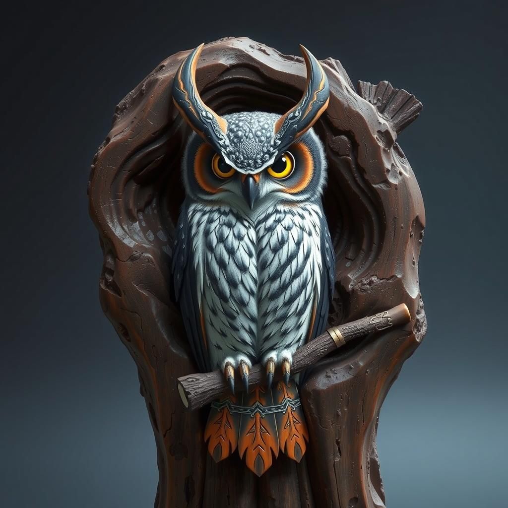 Detailed Wood Carving of a Great Horned Owl