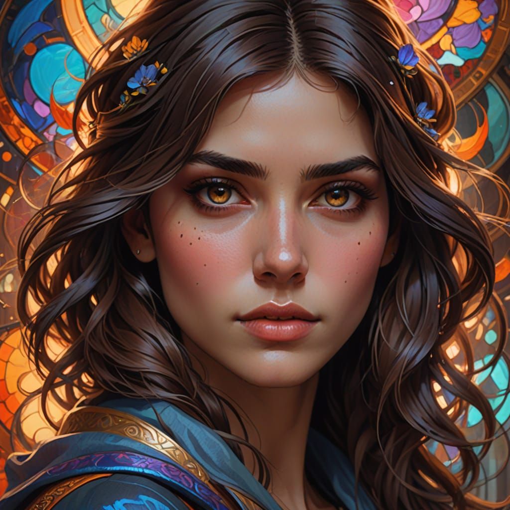 Young Woman Portrait with Big Brown Eyes in Digital Painting...