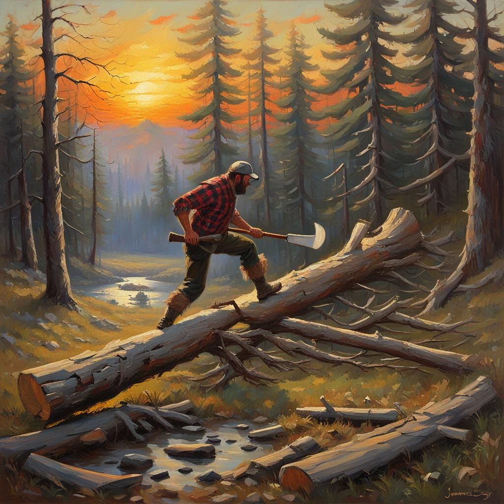 Lumberjack at Sunset in Oil Painting Style