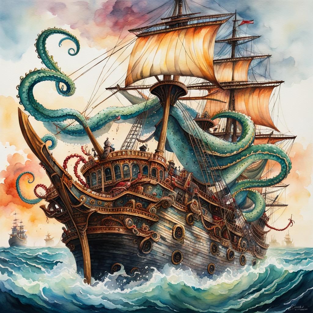 Kraken Tentacles Pulling Pirate Ship: Watercolor Splash Art