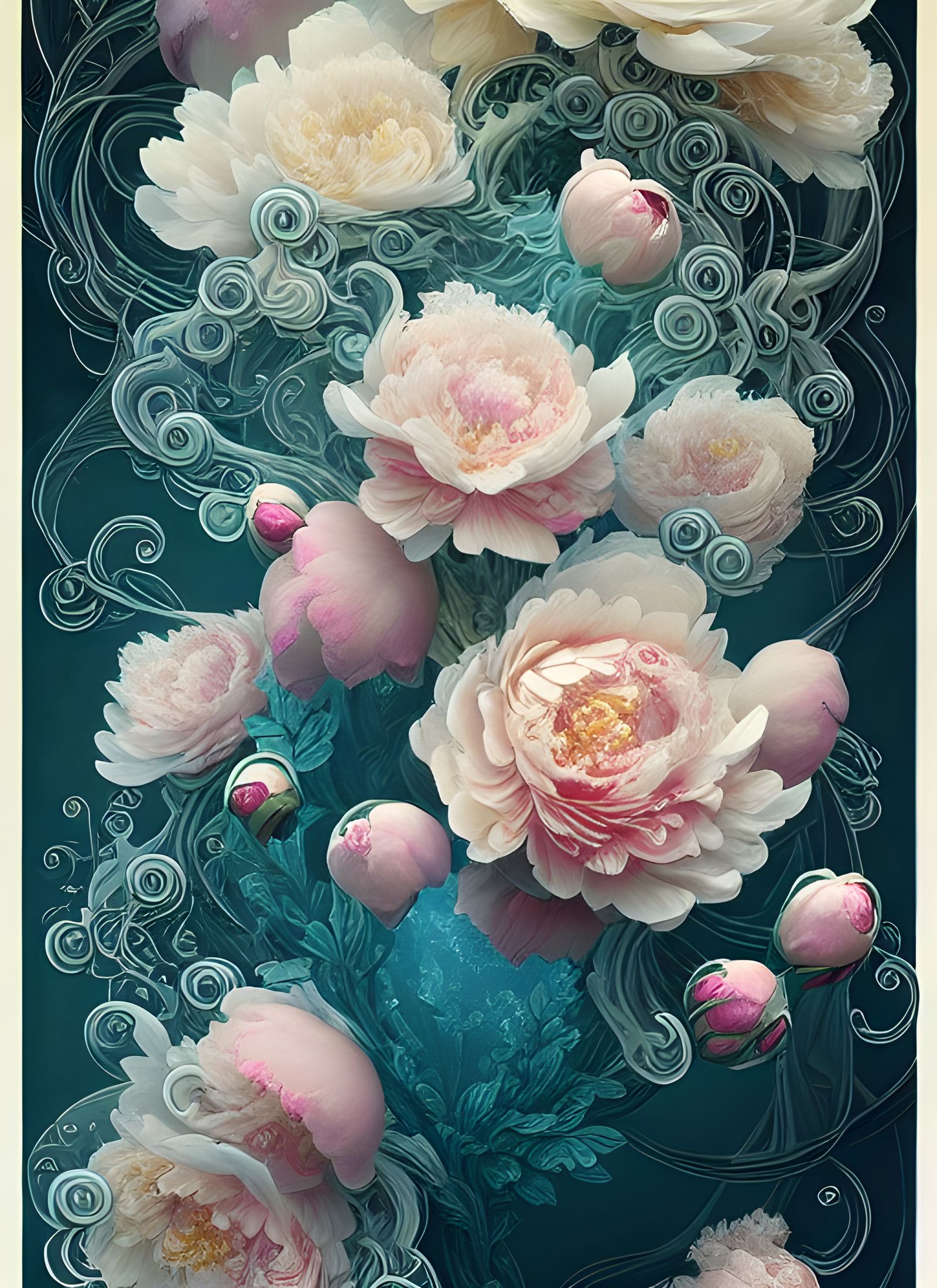 Intricate Floral Ink Illustration of Glassy Peonies