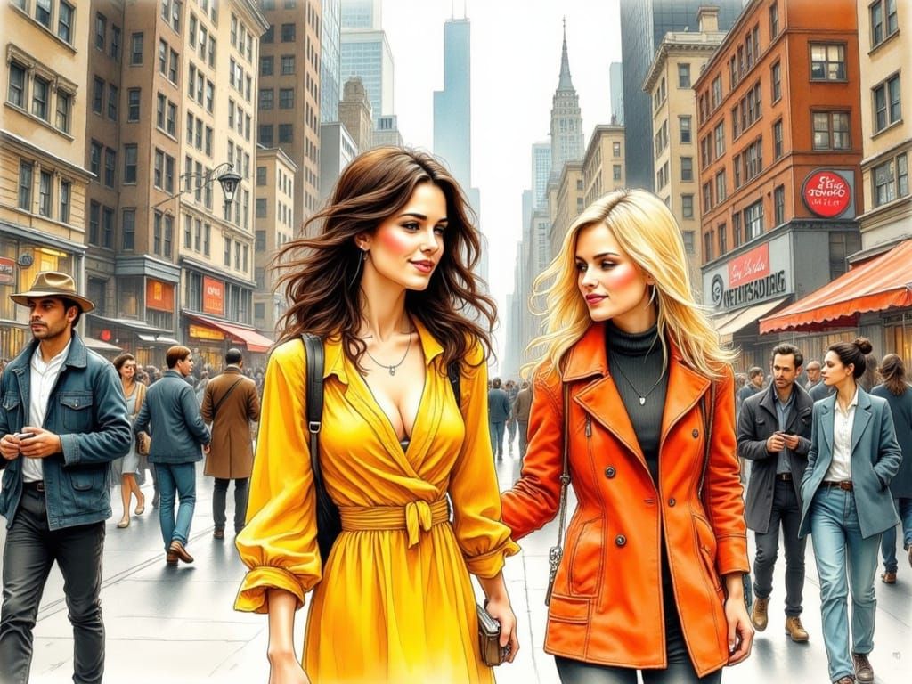 Two Friends in New York City, Ink Art Style