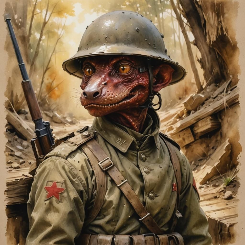 WWI Kobold Soldier in Dirt Trench: Watercolor Portrait