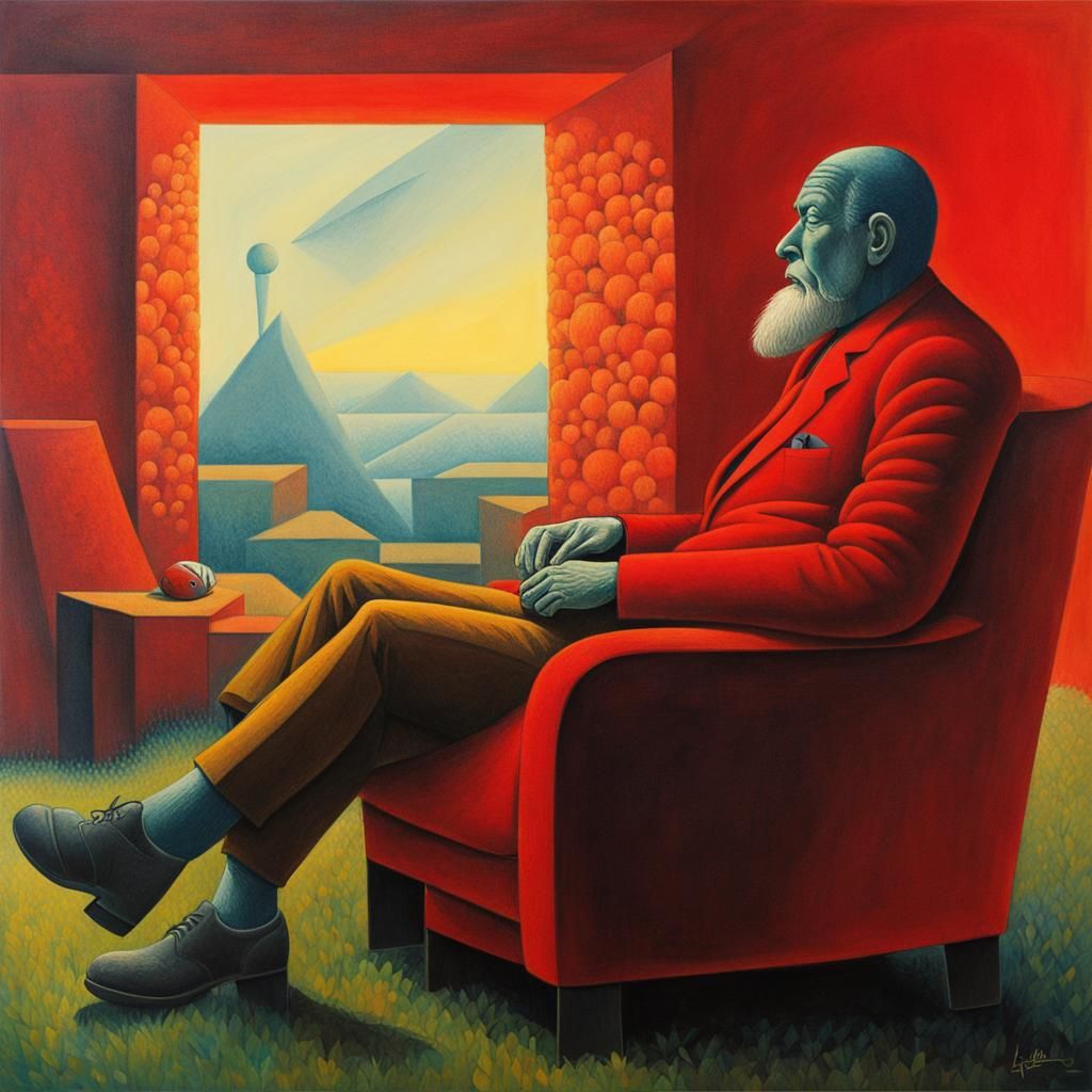 Surreal Football Character in Recliner, Cubist Art