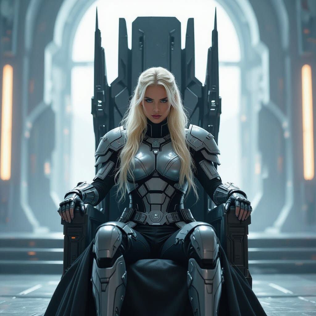 Cyberpunk Warrior Queen in Futuristic Throne Room