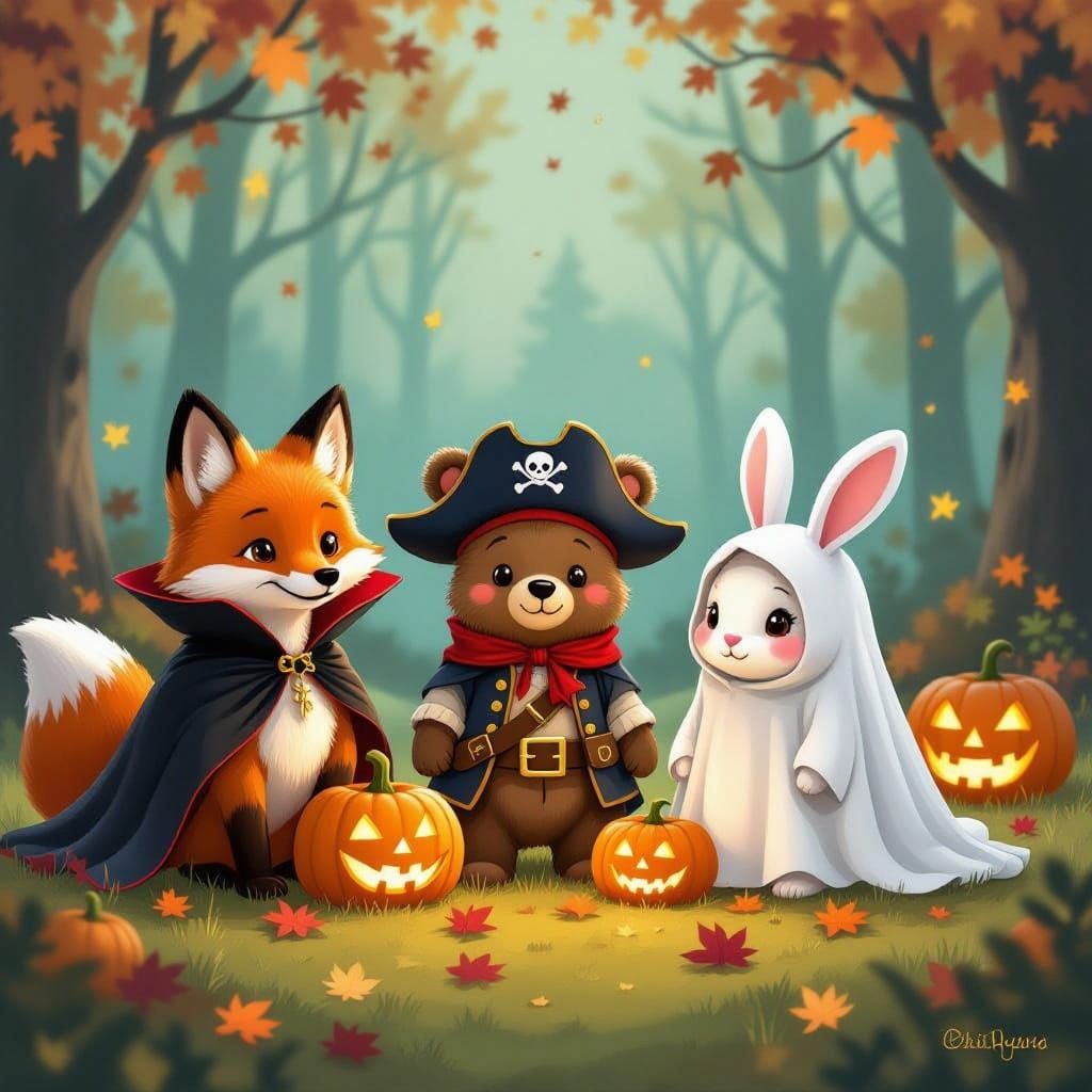 Whimsical Halloween Animals in Enchanted Forest