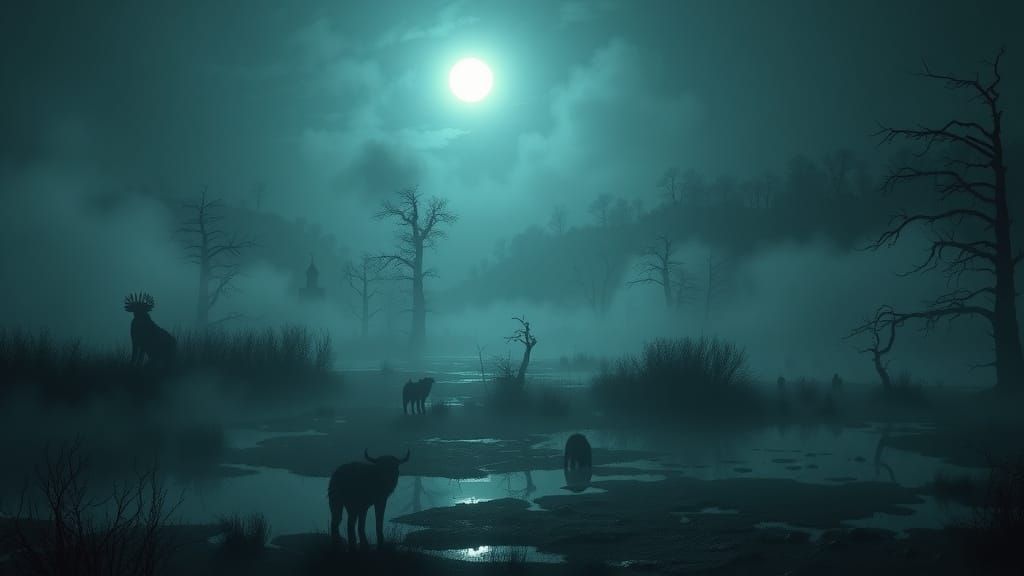 Medieval Swamp Landscape Under Full Moon