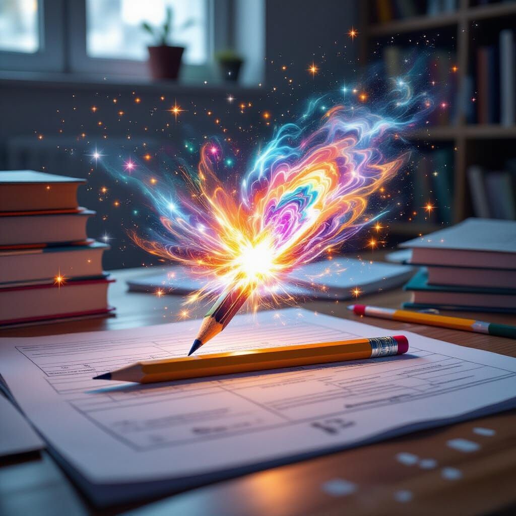 Psychedelic Supernova Pencil on Student Desk