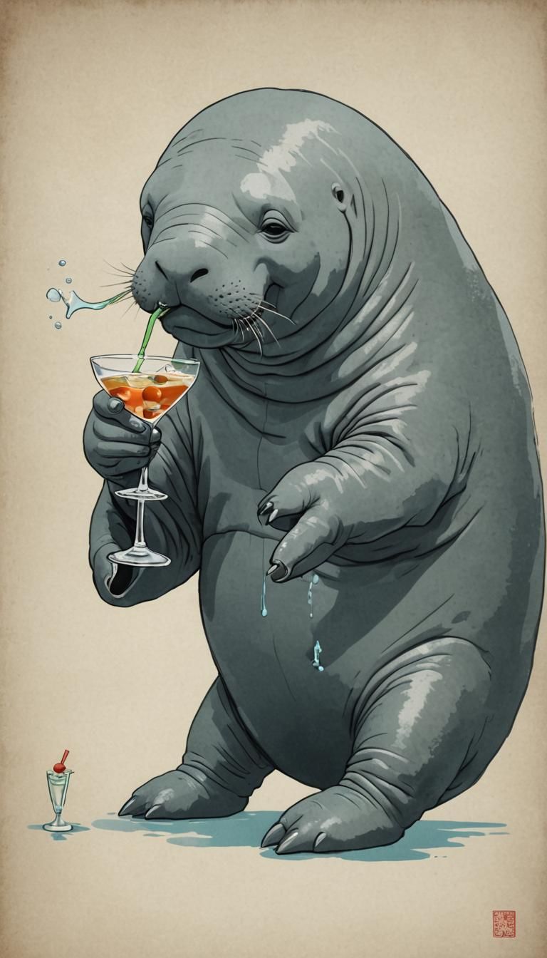 Elegant Manatee Sipping Martini in Nomura Style