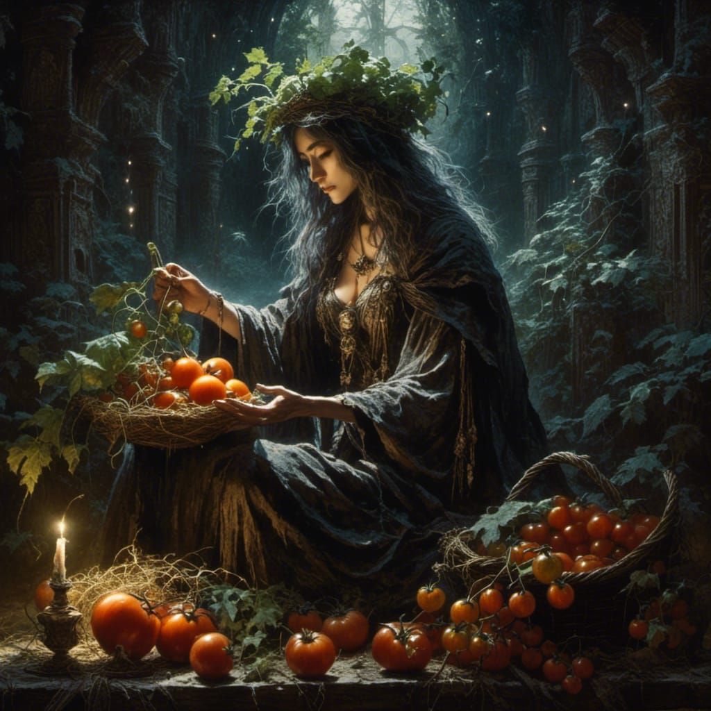 Sorceress Grows Tomato Plant, Renaissance Oil Painting