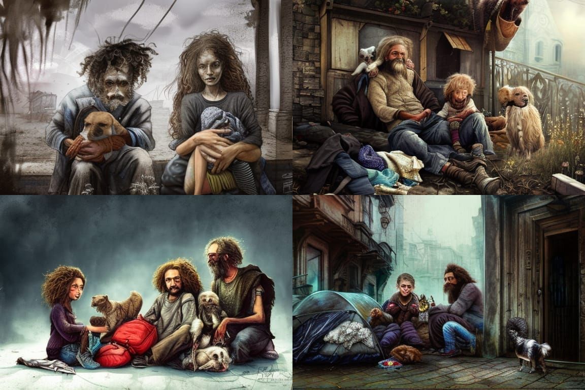 Happy Homeless Family Portrait in Fantasy Style