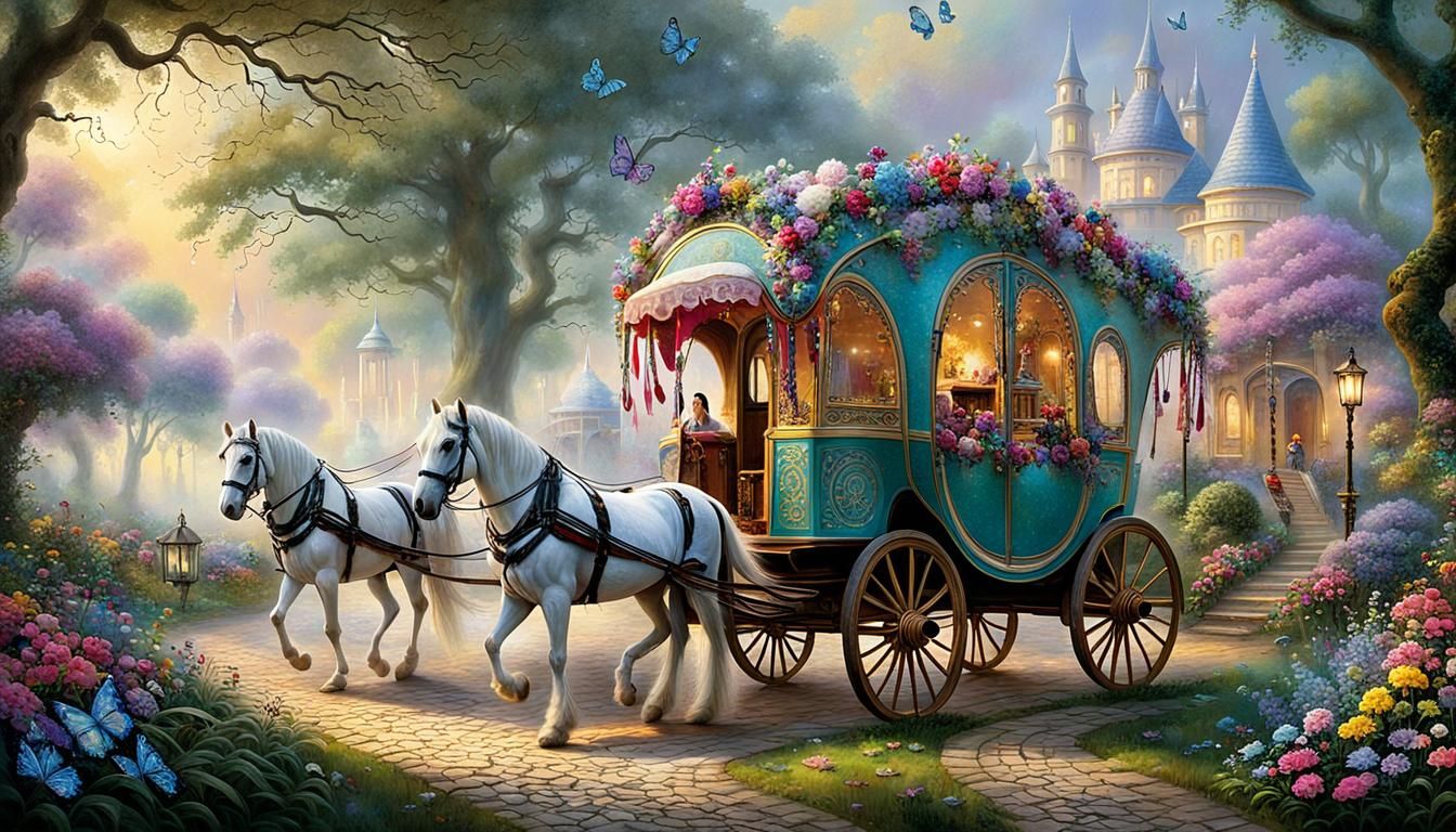 Fantasy Gypsy Caravan Pulled by White Horses