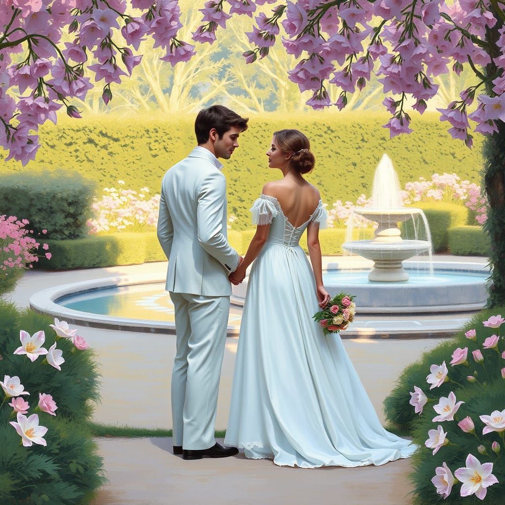 Romantic Couple in French Garden, Impressionist Style