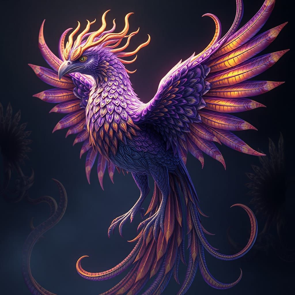 Intricately detailed, majestic mystical bird, resplendent with iridescent feathers, abstract vector fractal patterns, an...