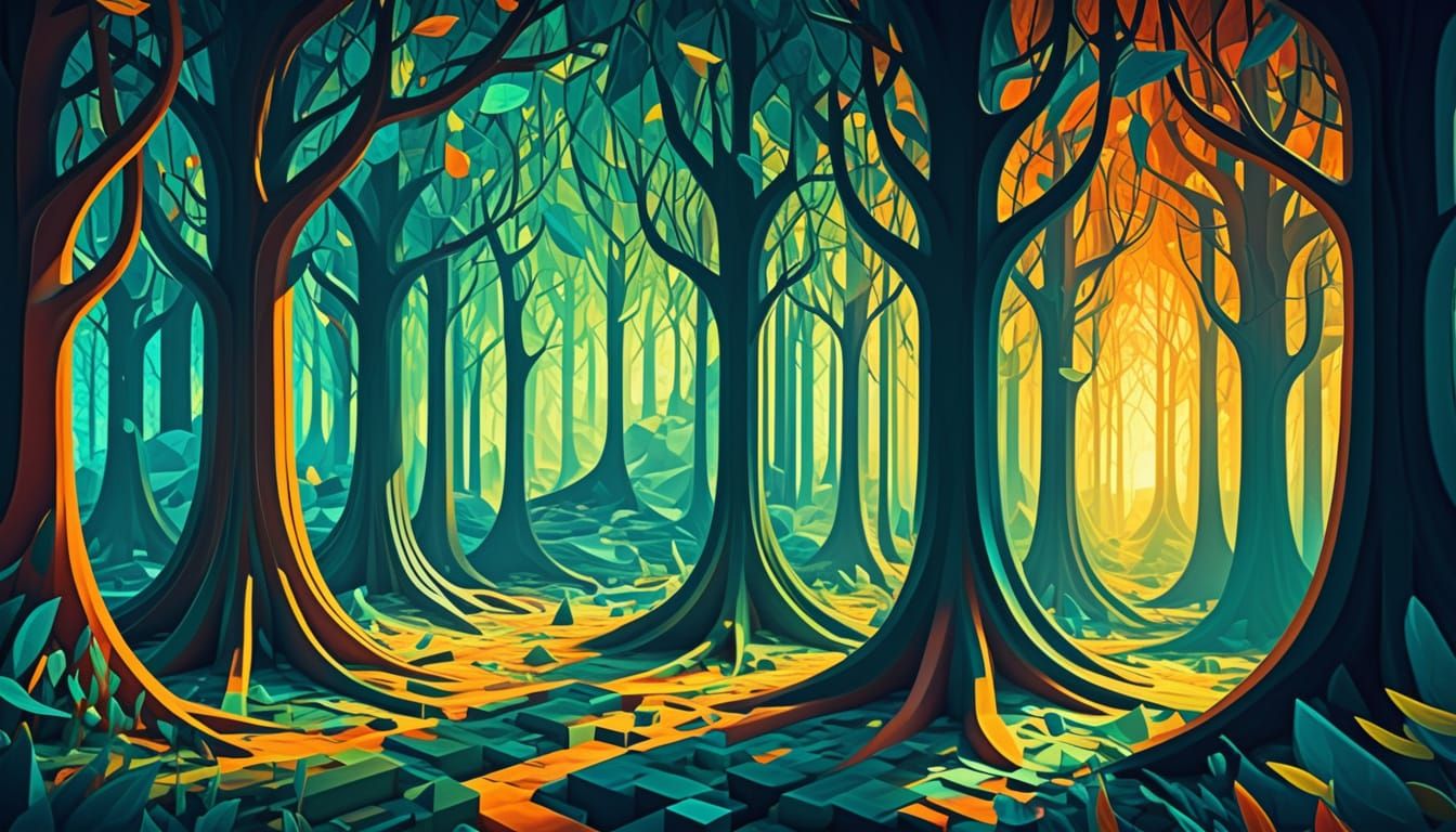Surreal Forest with Cubic Trees in Vibrant Colors