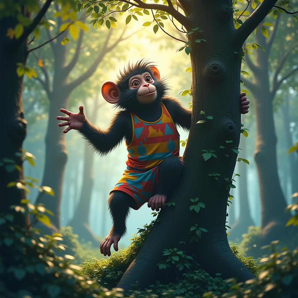 Joyful Gorilla Dances in Lush Forest: 3D Anime Art
