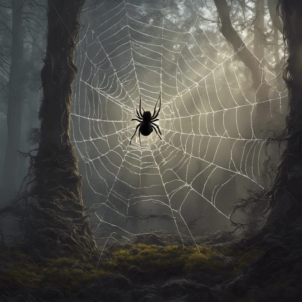 Giant Spider Web in Spooky Forest, Dark Fantasy Art