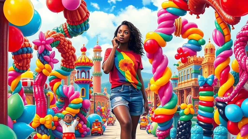 Surreal Balloon World Landscape in Watercolor Style