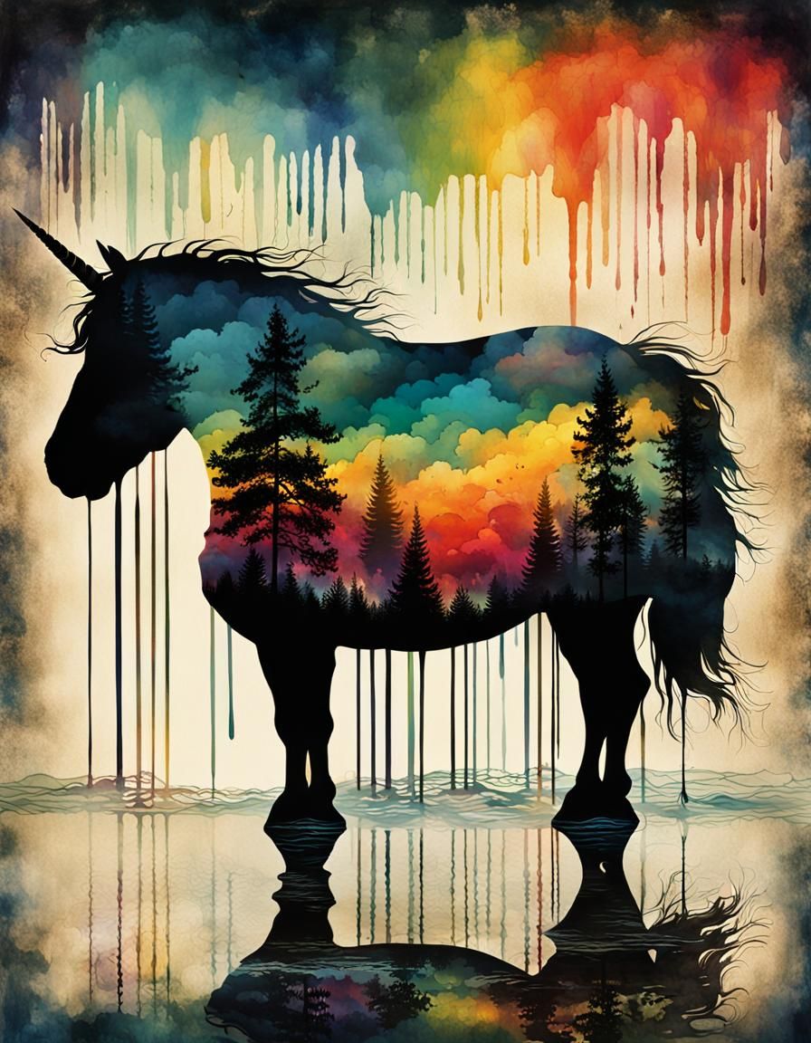 Unicorn in Rainbow Rain: Double Exposure Art