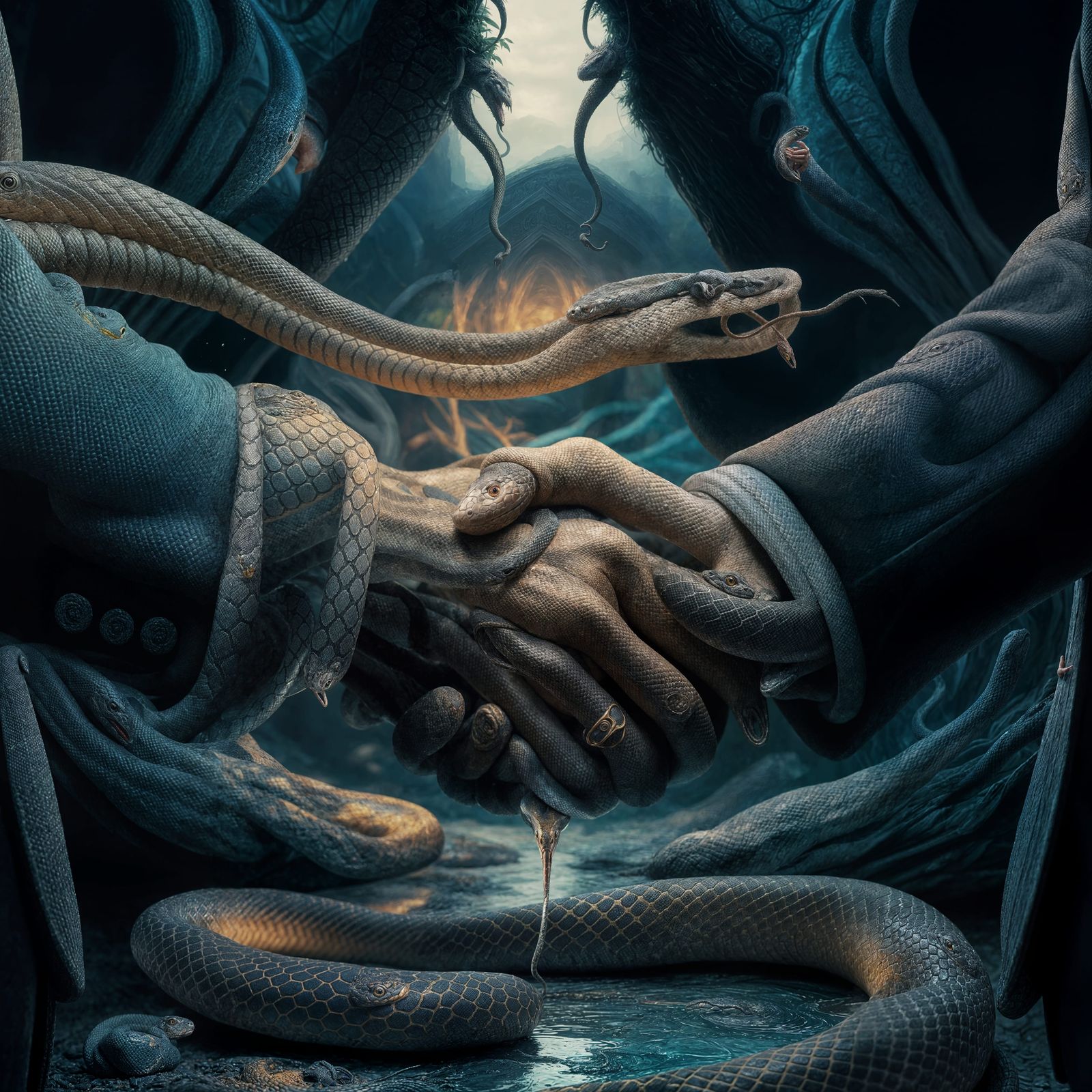 Surreal Handshake: Snake Bite in Matte Painting