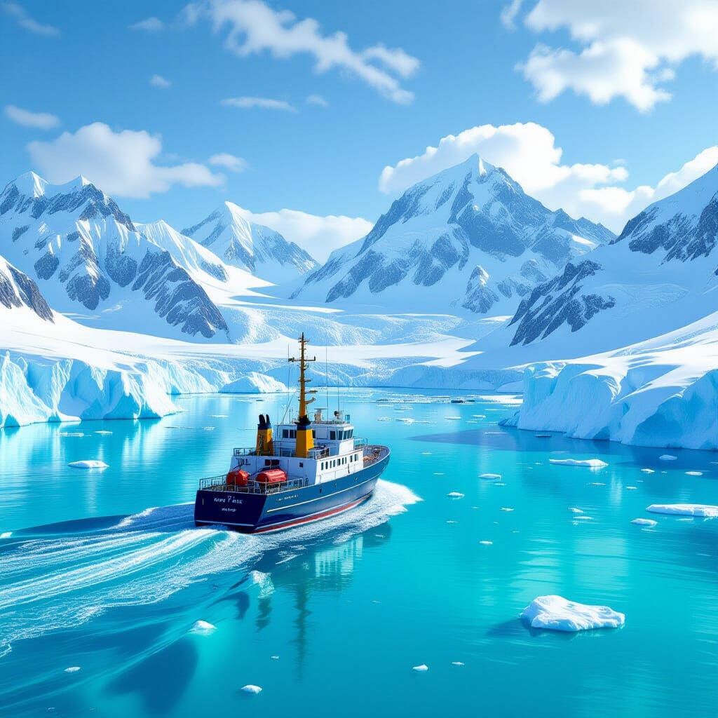 Antarctic Research Vessel in Dramatic Digital Landscape