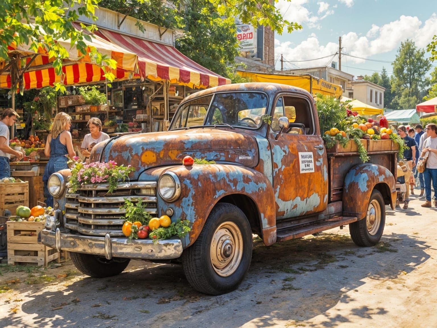 Vintage Pickup Truck Thrives at Farmer's Market in Whimsical...