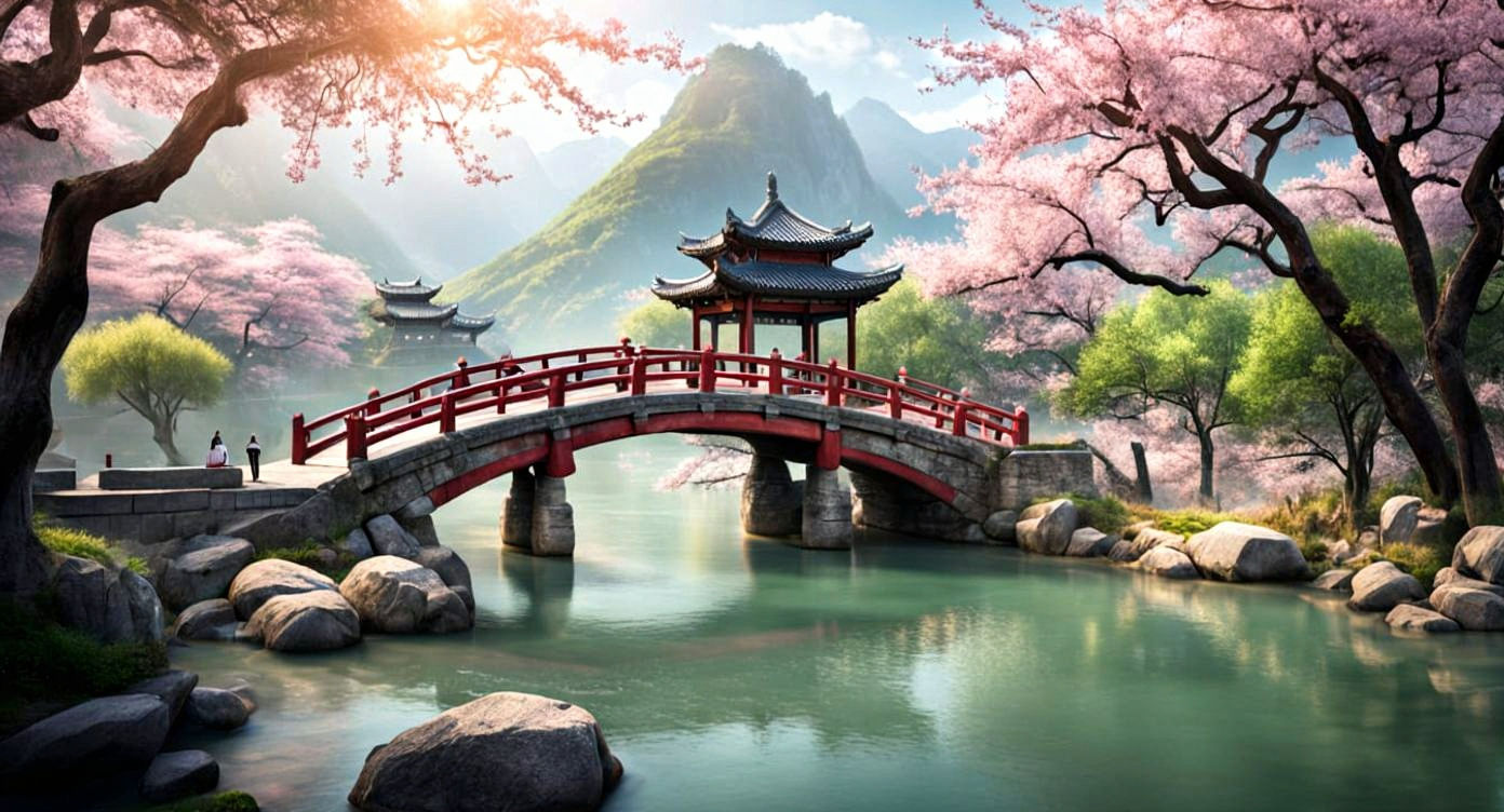 Sakura Tree in Serene Chinese Landscape