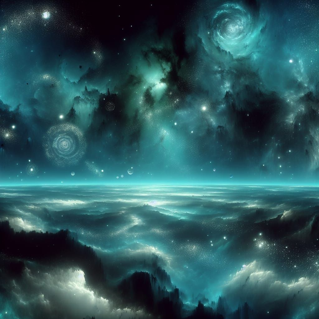 Turquoise Cosmic Vista with Distant Galaxies