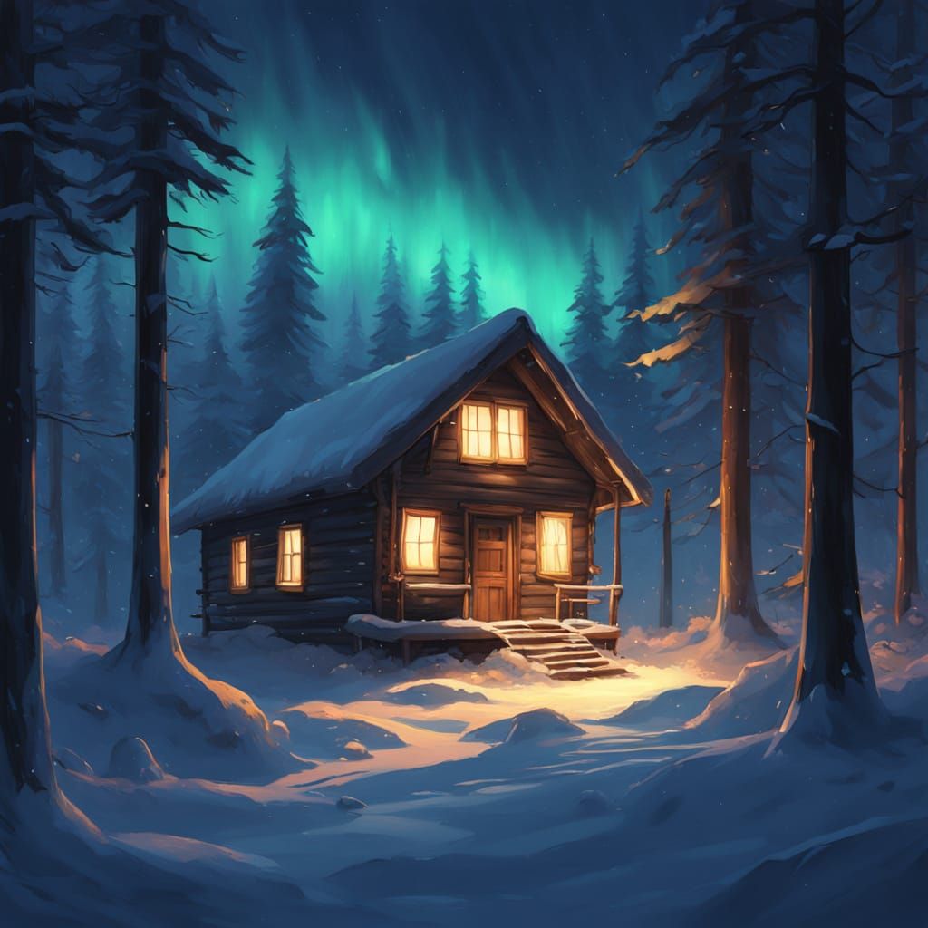 Cozy Cabin in Snowy Forest at Twilight