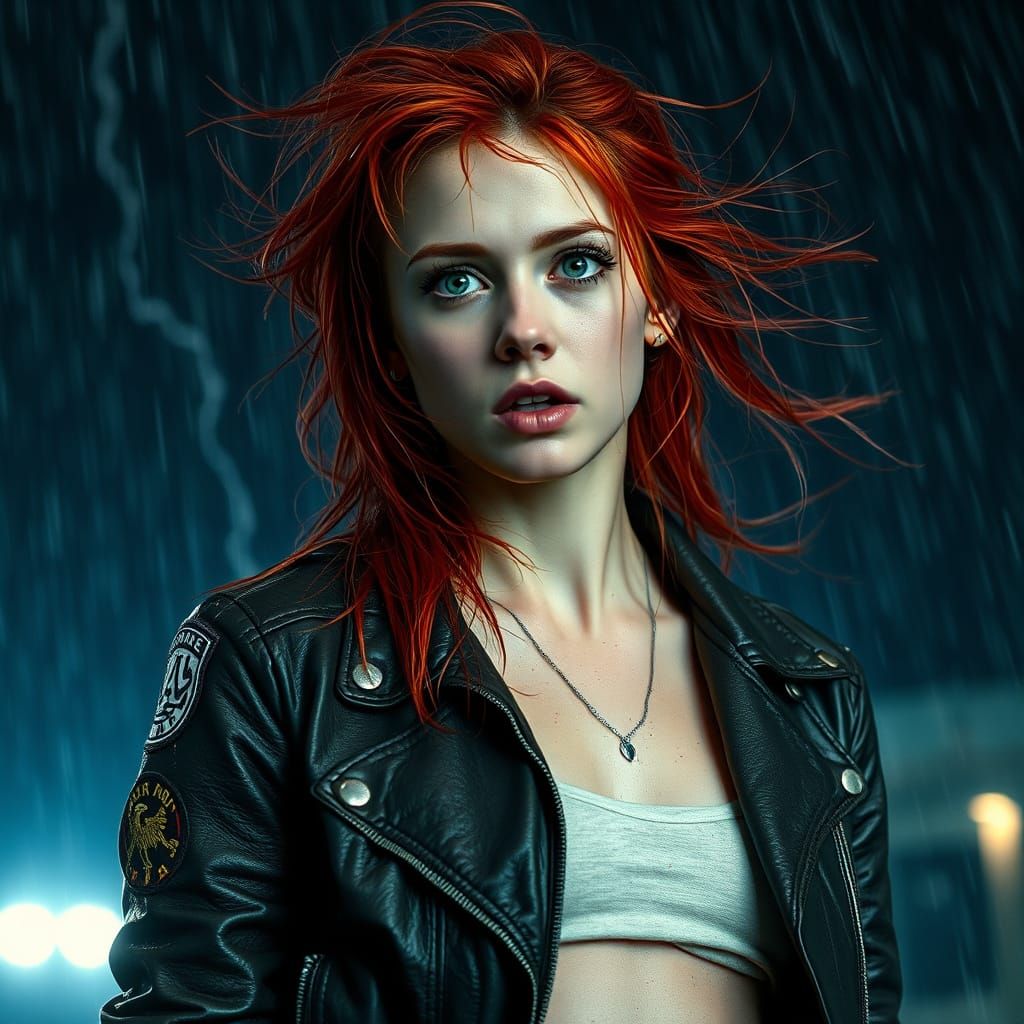 Cinematic Redhead in Thunderstorm, Vibrant Film Still