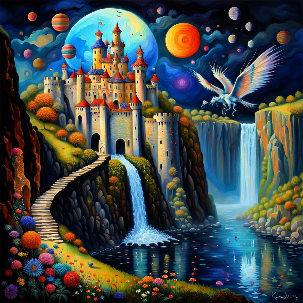 Magical Castle with Dragons: Surreal Digital Painting