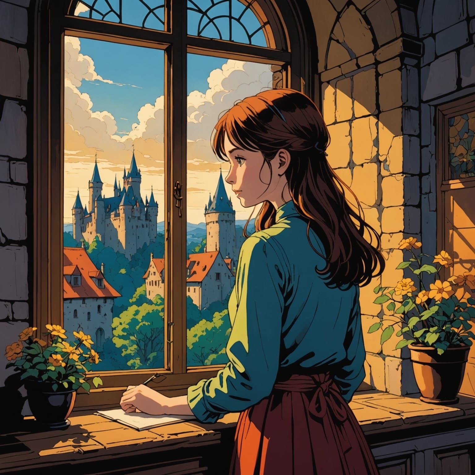 Anime Girl in Castle Window: Chiaroscuro Cartoon