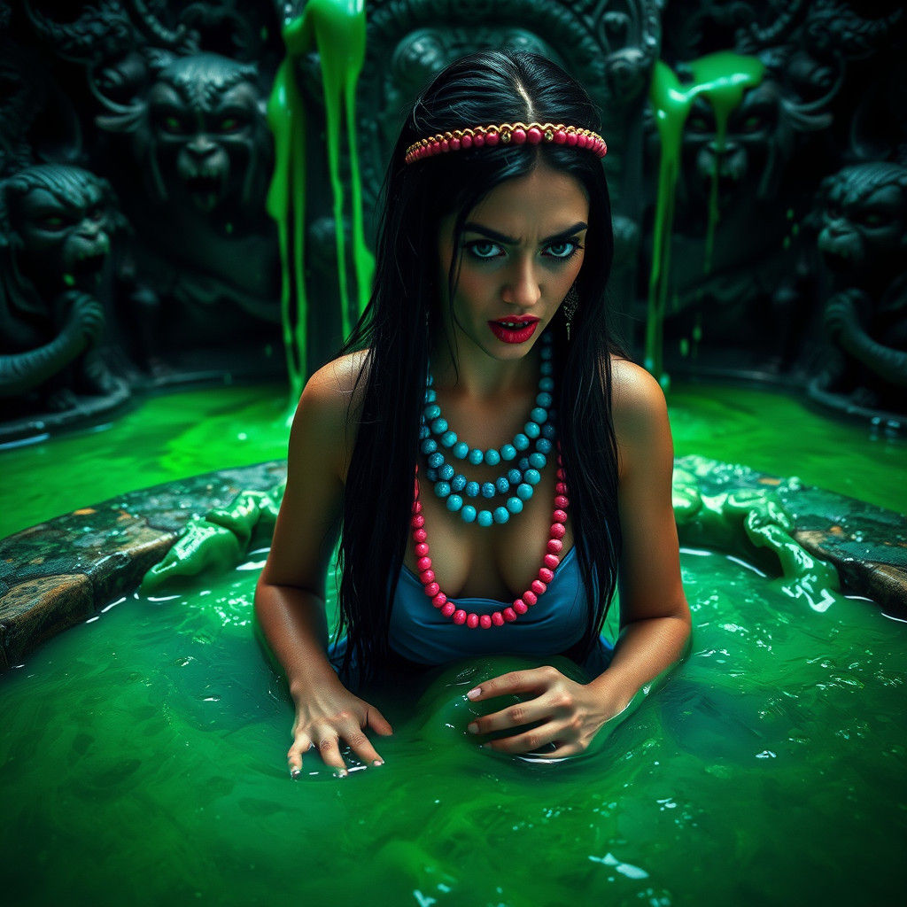 Aztec Heroine Drenched in Emerald Slime Fountain
