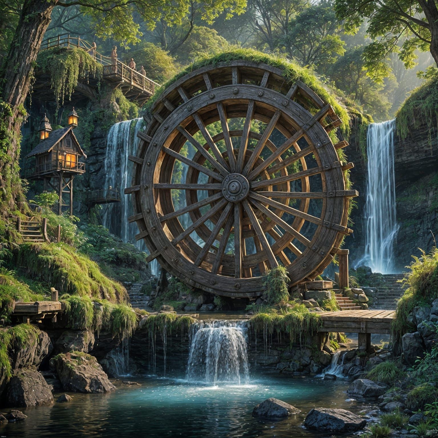 Ethereal Waterwheel in Bioluminescent Dreamscape