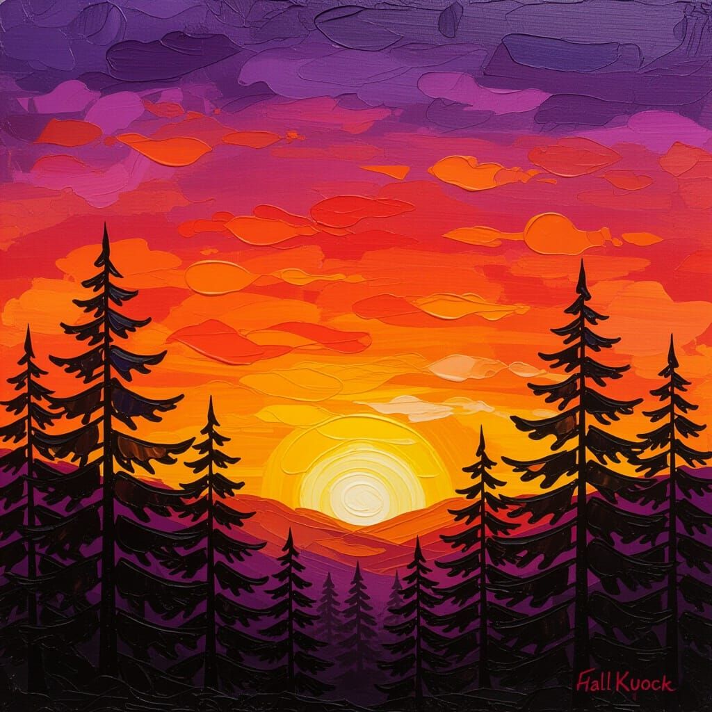 Vibrant Sunset Over Pine Forest: Acrylic Painting