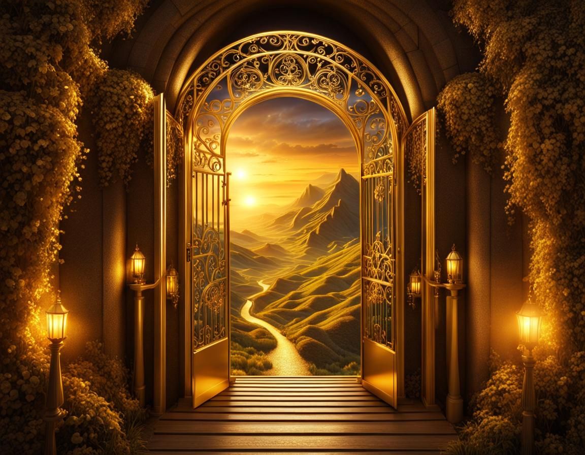 Golden Gate to Fantasy Landscape with Fairy Lights
