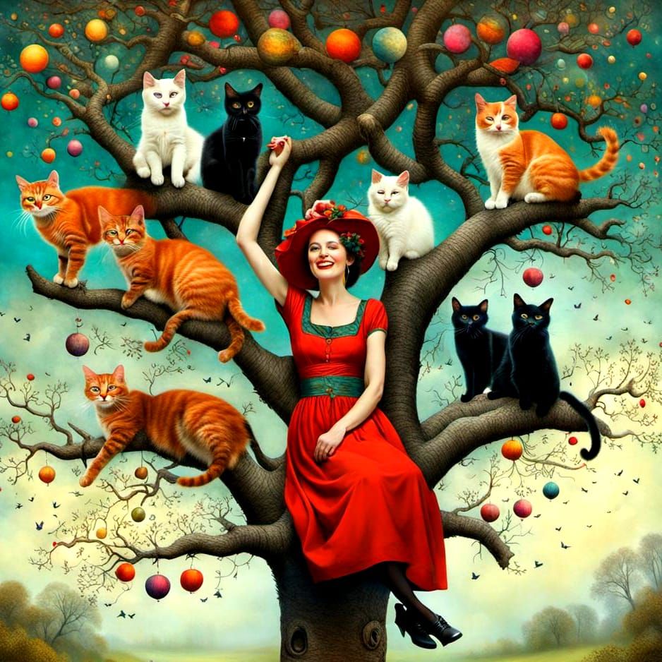 People and Cats on Tree Branches in Vivid Colors