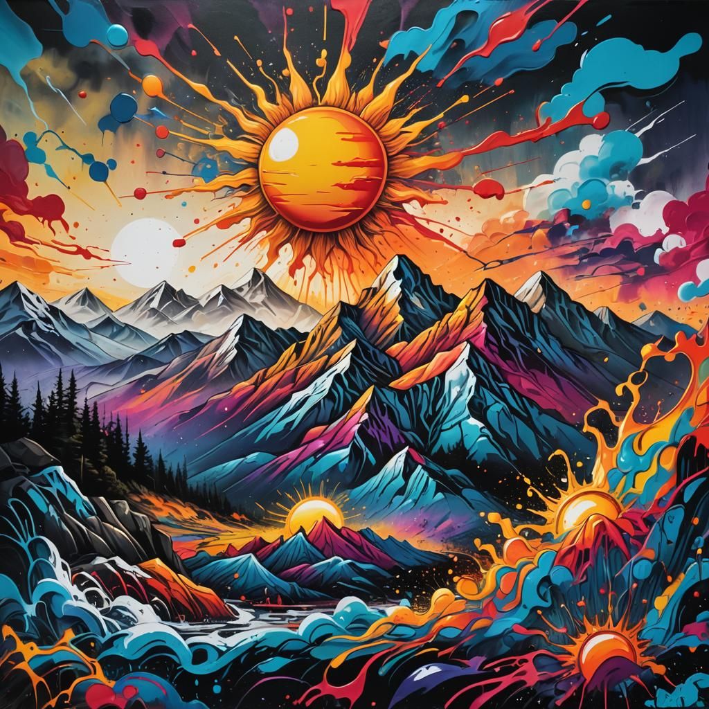 Sunrise Over Mountain in Graffiti Splash Art Style