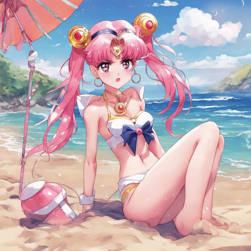 Sailor Chibi Moon at the Beach in Anime Style