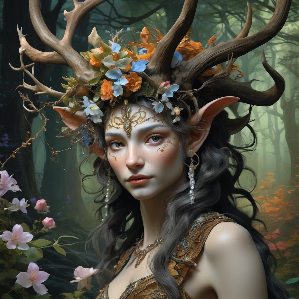 Elegant Faun Portrait with Antlers, Digital Illustration