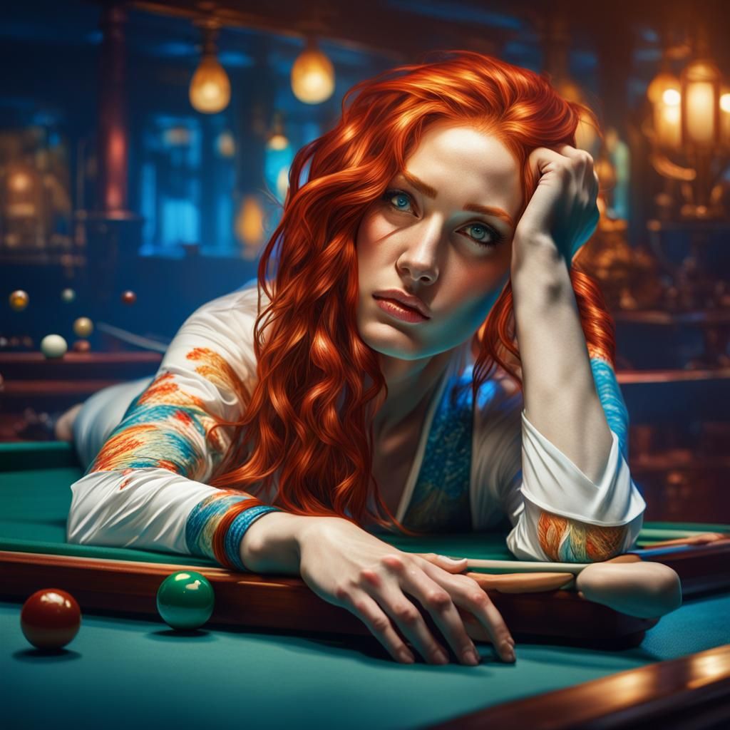 Supine Redhead on Snooker Table, Art Nouveau Style