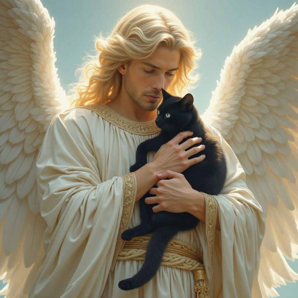 Archangel Gabriel Carries a Black Cat to Heaven
