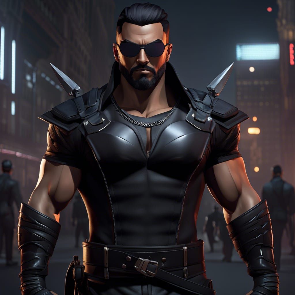 Muscular Fighter with Ninja Star in New York Night