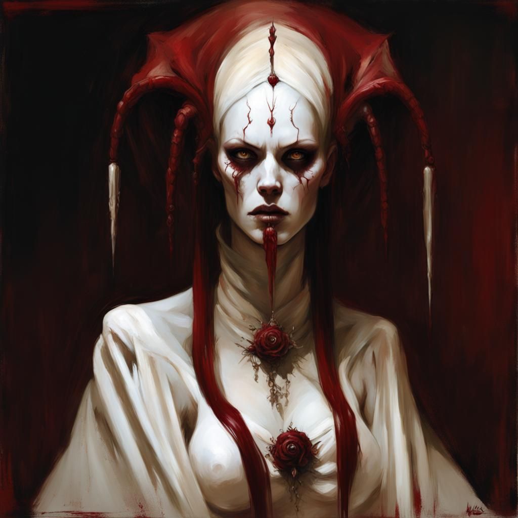 Cenobite Sorceress in White, Red, and Burgundy