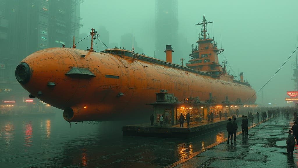 Dystopian Submarine Transport Vessel in Cyberpunk Sky-Harbor