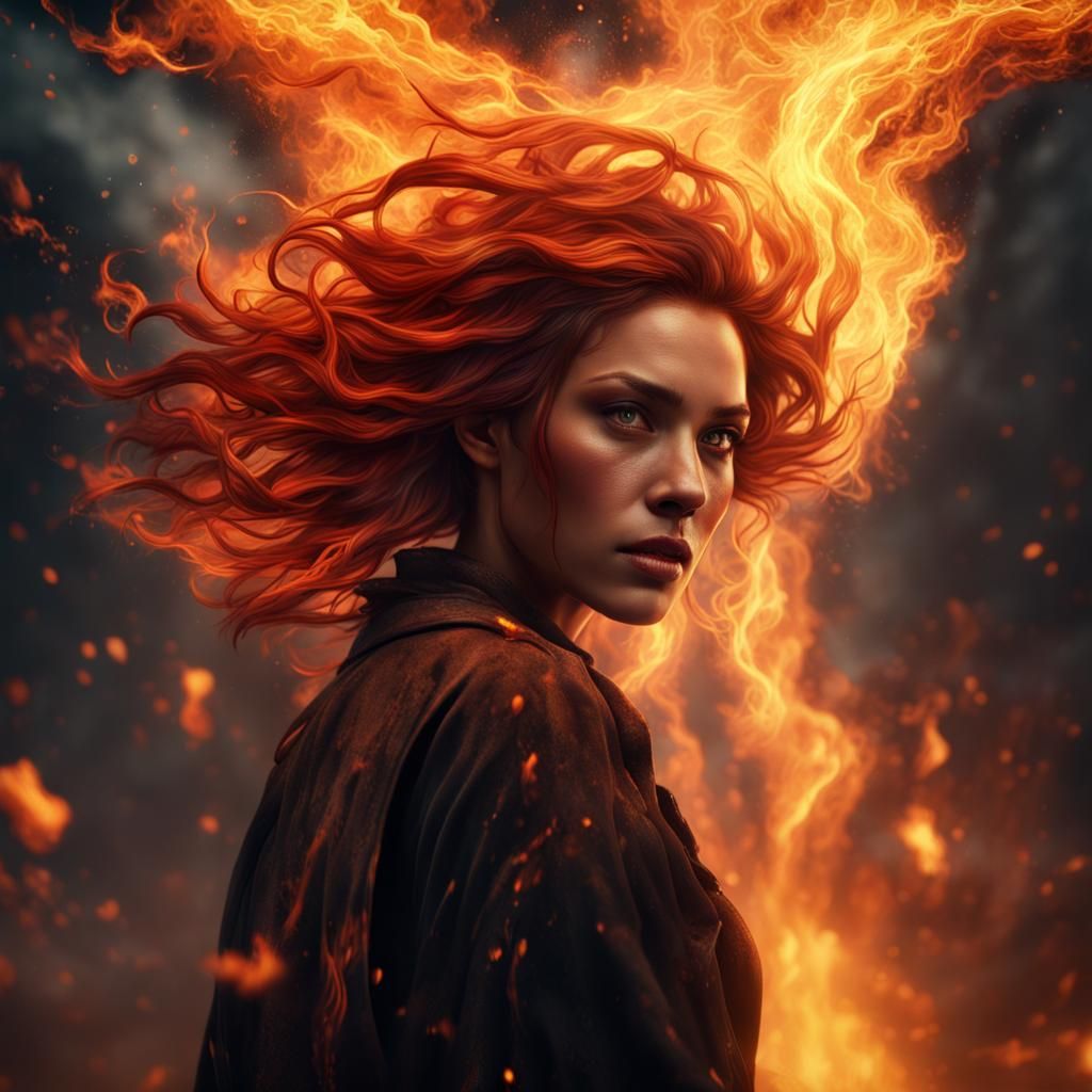 Fiery Woman Falling into Darkness: Fantasy Concept Art