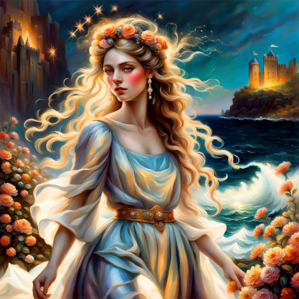 Grecian Maiden Portrait with Flowers, Rembrandt and Parrish ...