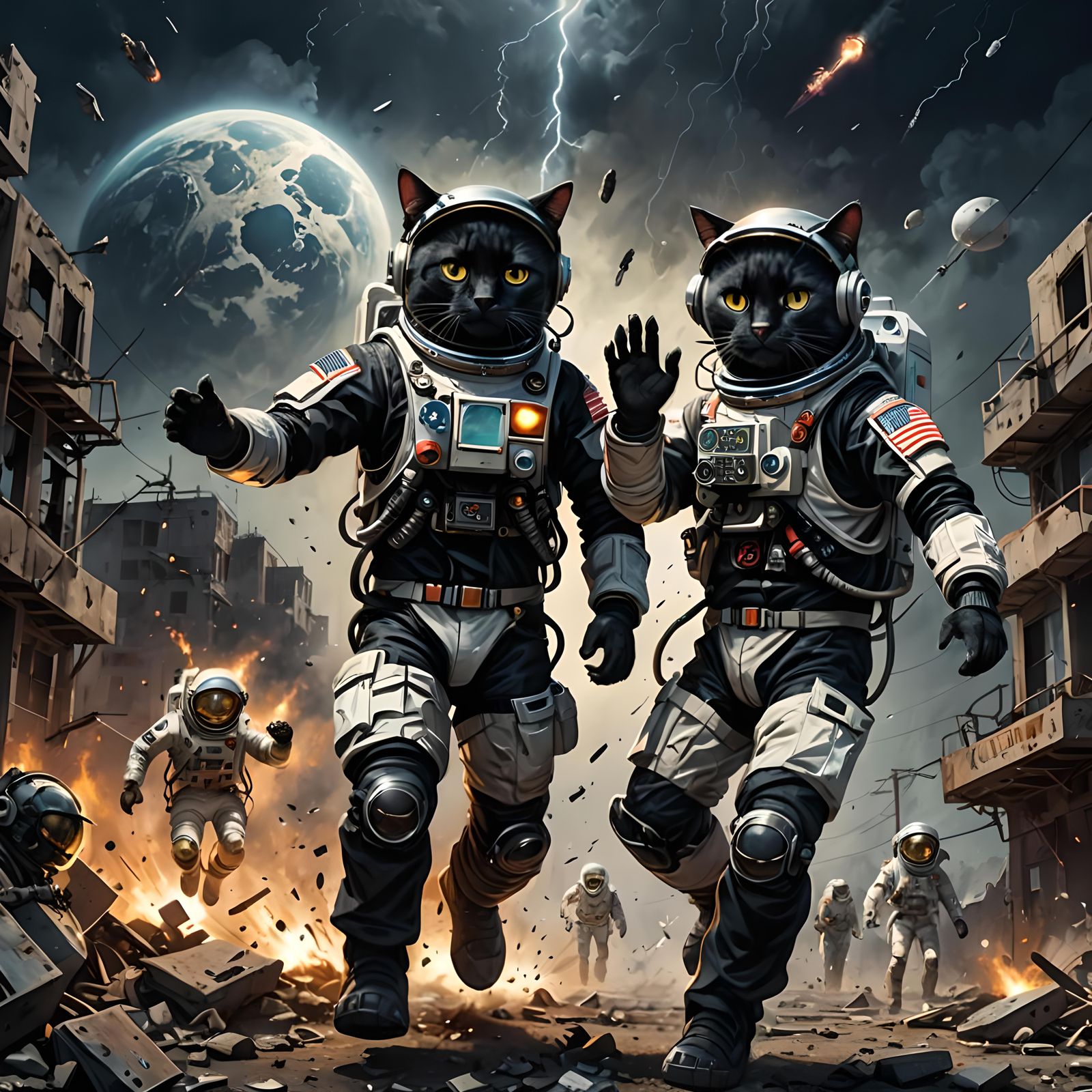 Post-Apocalyptic Robotic Cats Celebrate with High Fives