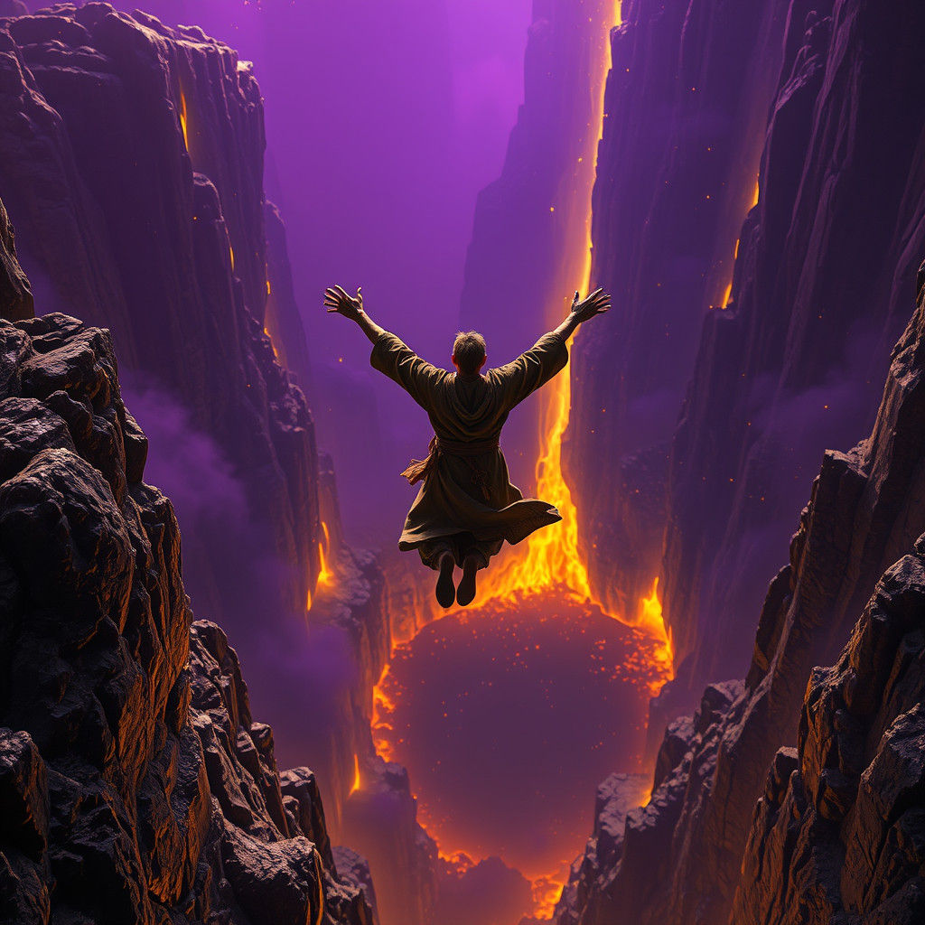 A Lone Figure Leaps into the Abyss in a Golden Hued, Art Nou...