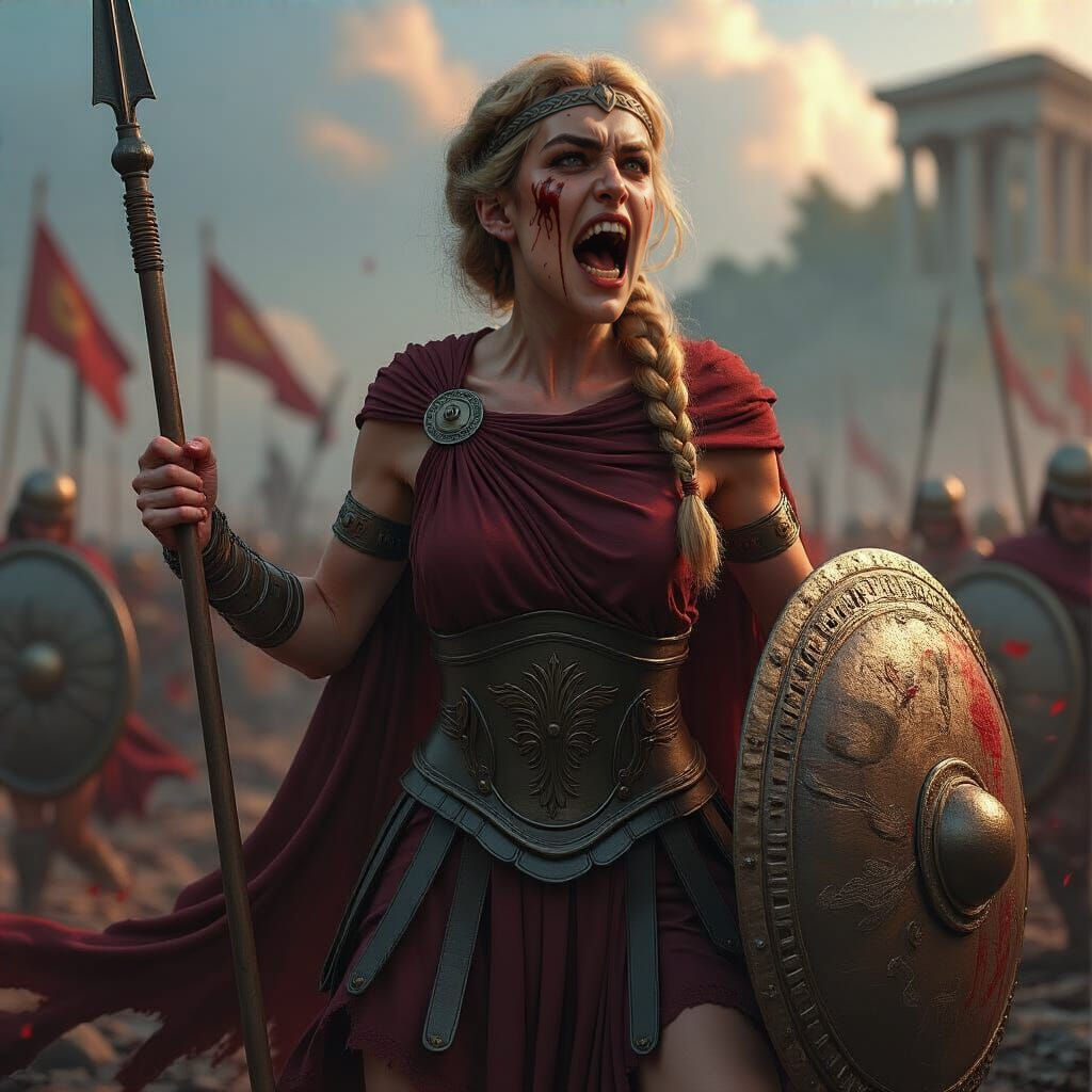 Alala, Greek Goddess of War Cry, on Battlefield